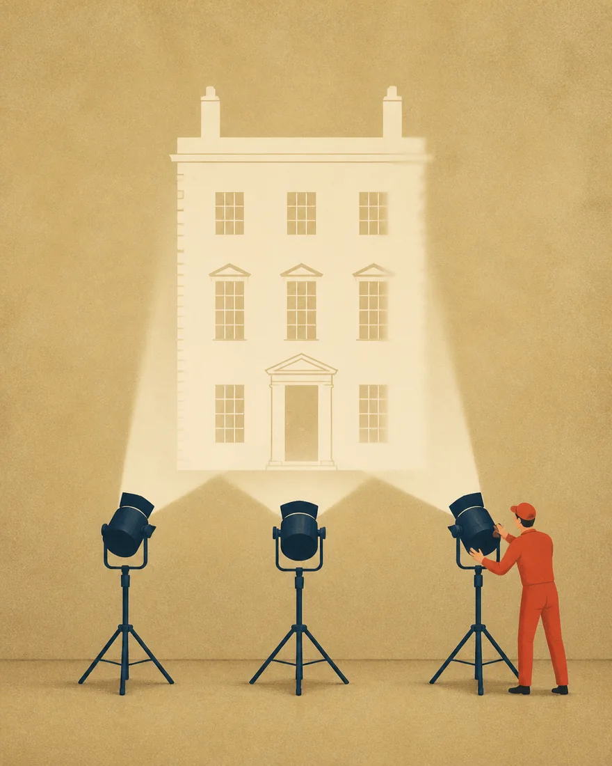 Illustration of three spotlights whose overlapping beams form the outline of a house, with a figure bringing the third light into line