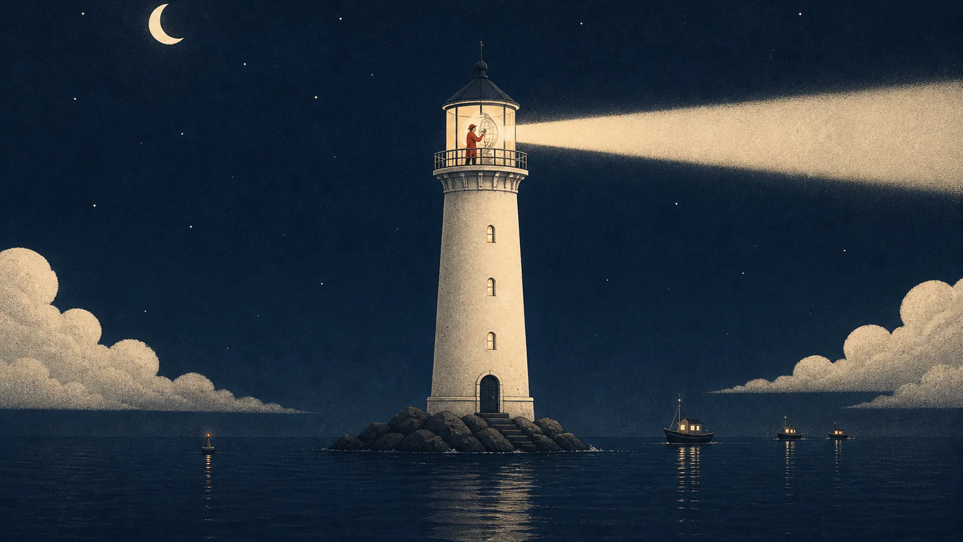 Illustration of a cream stone lighthouse on a rocky outcrop at night. In the lantern room a small figure in coral red polishes the lens, and a steady beam of light reaches across calm water towards a few small boats with lit windows.