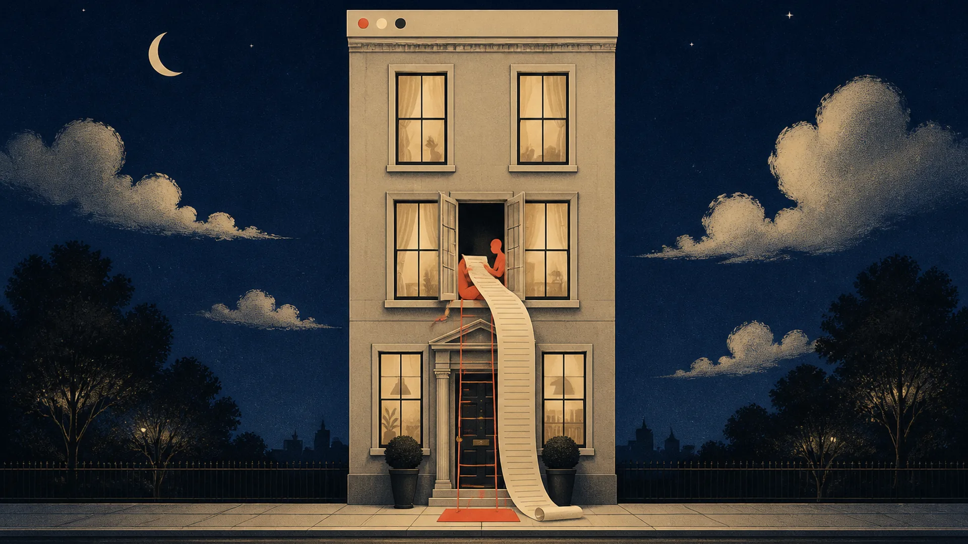 Illustration of a narrow townhouse at night whose roofline is a web browser bar. The front door is shut and the coral welcome mat is untouched, while a small coral figure sits at an upper window on a ladder, reading a long scroll of text that unrolls down the front of the house.