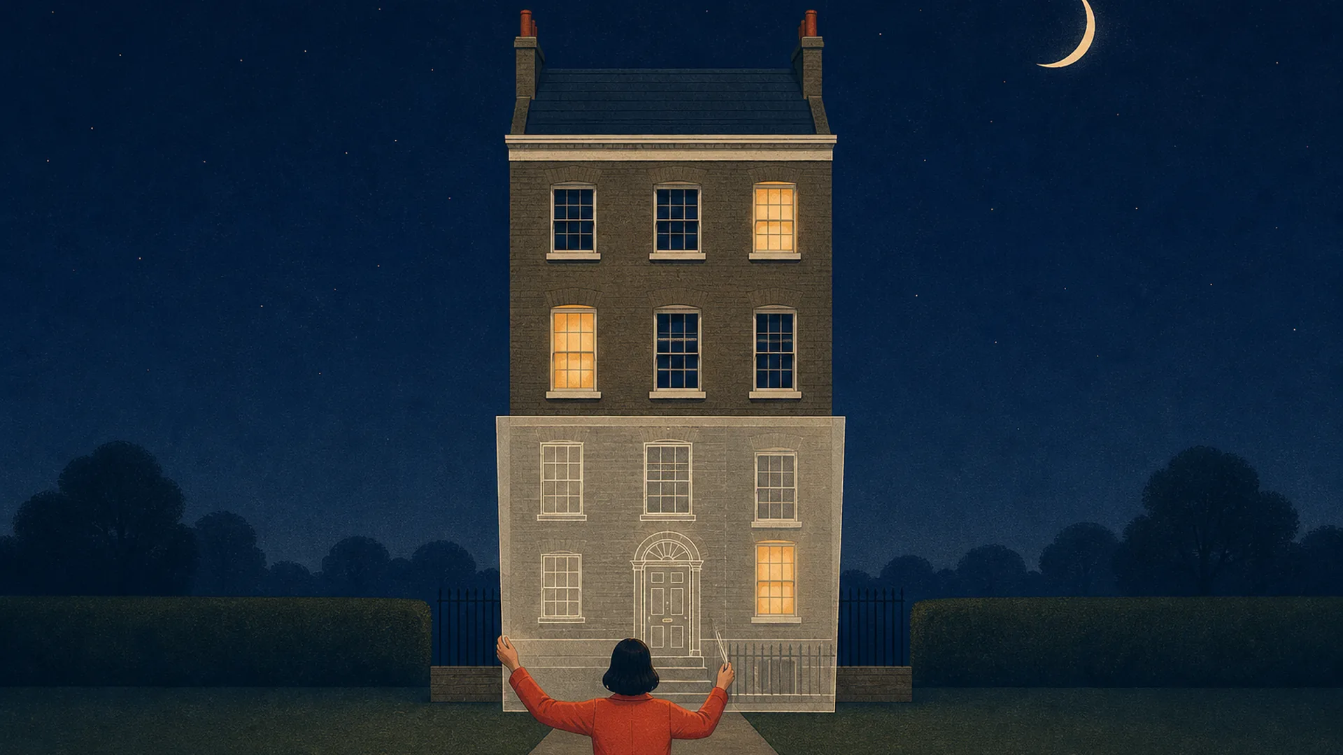 Illustration of a figure in a coral coat holding a sheet of tracing paper up to a Georgian townhouse at night. The drawn windows and door do not line up with the real house behind it.